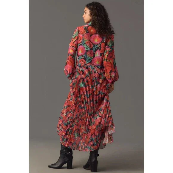 Farm Rio Dress Womens Size Large Anthropologie Pleated Drop-Waist Maxi Red NWT - Picture 2 of 10